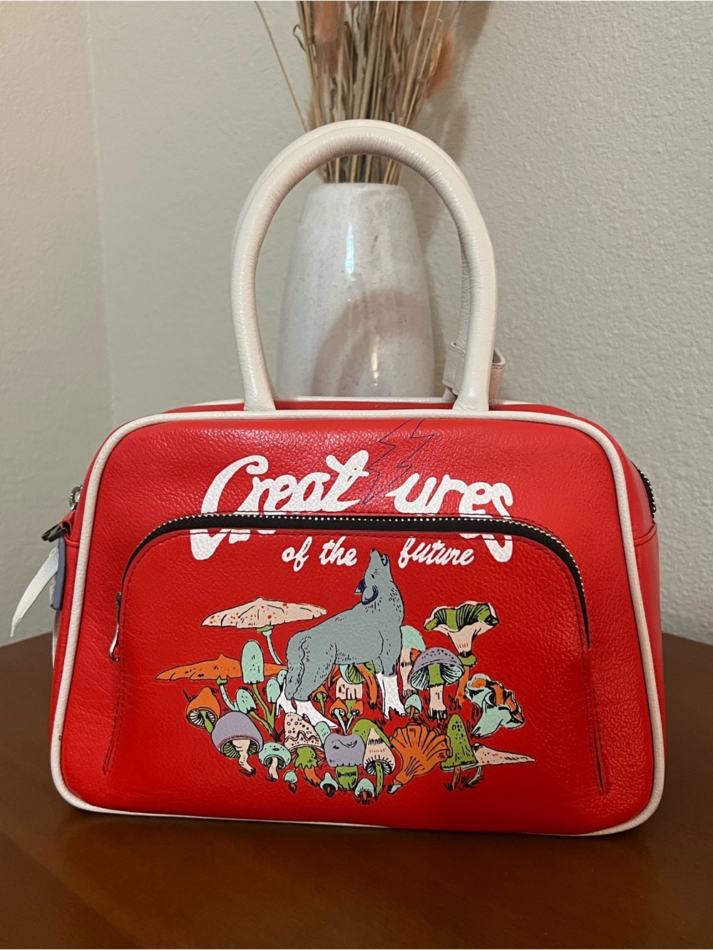 Min and Mon Marino Medium Crossbody Fiesta Red Leather Bag - Woodlands Print